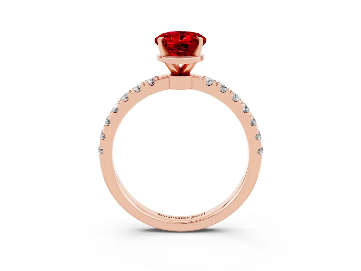 Oval Cut Ruby Solitaire Ring with Pavé Accents and Four-Prong Setting Rose gold