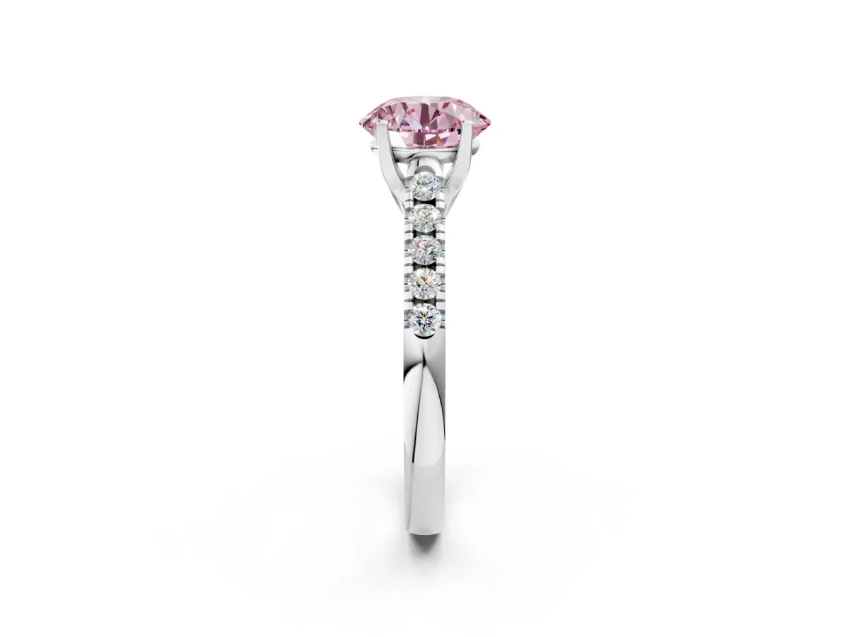 Fancy Pink Round Cut Diamond Pavé Band Solitaire Ring with Prong Setting White gold