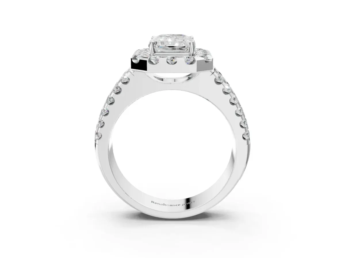 Radiant Cut Halo Diamond Split Shank Engagement Ring with Prong Setting Platinum