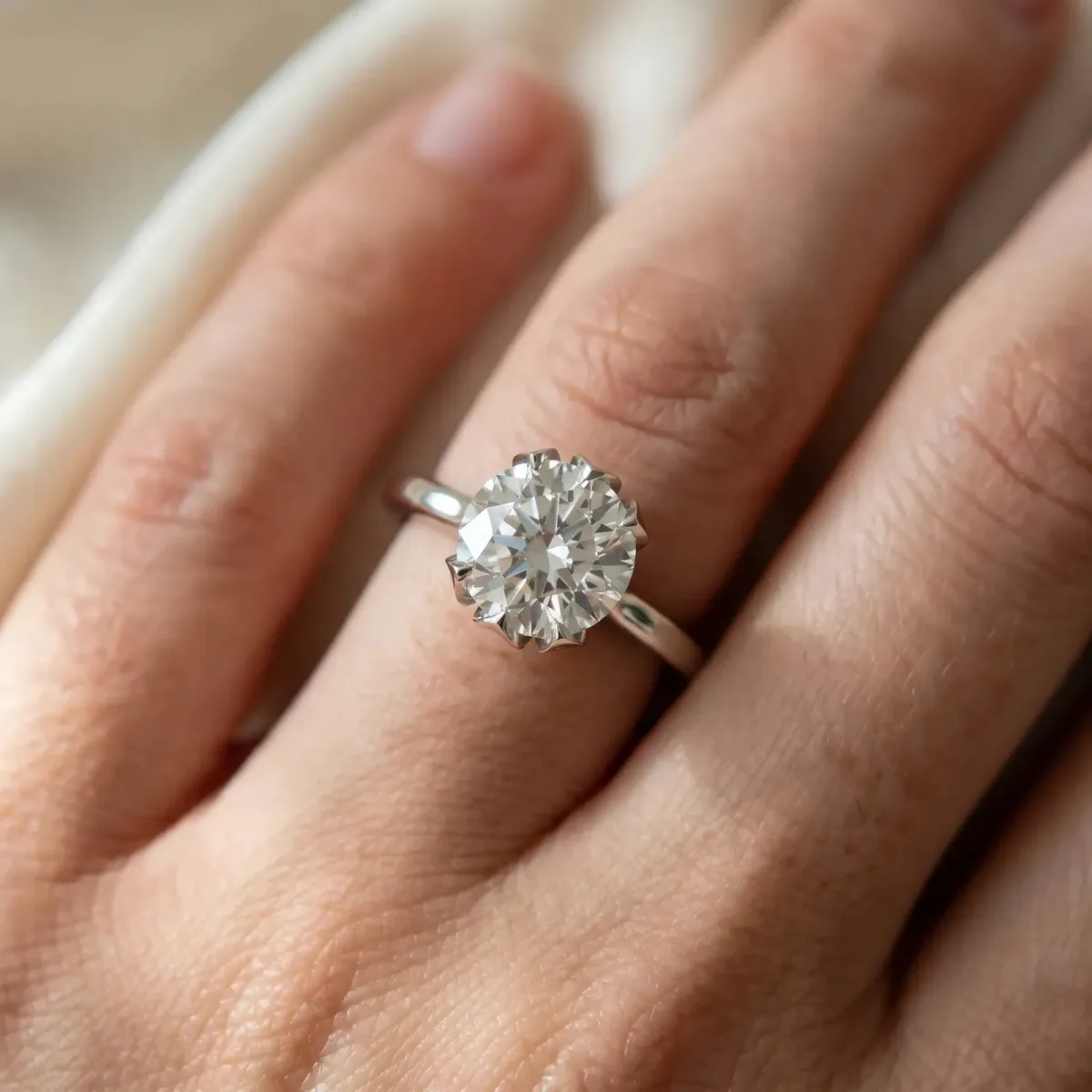 Round Cut Diamond Solitaire Ring with Flower Prong Setting and Classic Band Silver