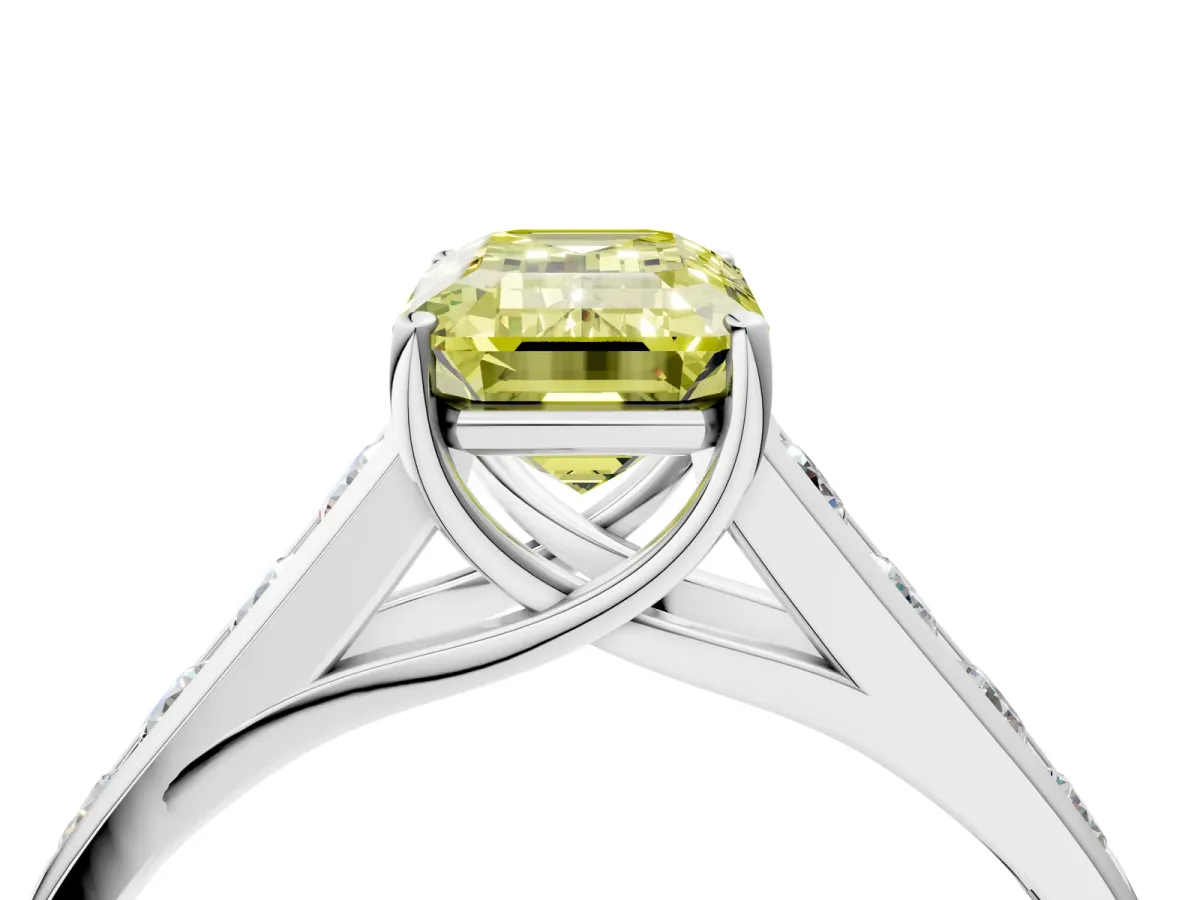 Fancy Yellow Emerald Cut Brilliant Channel-Set Solitaire Ring with Four-Prong Setting White gold