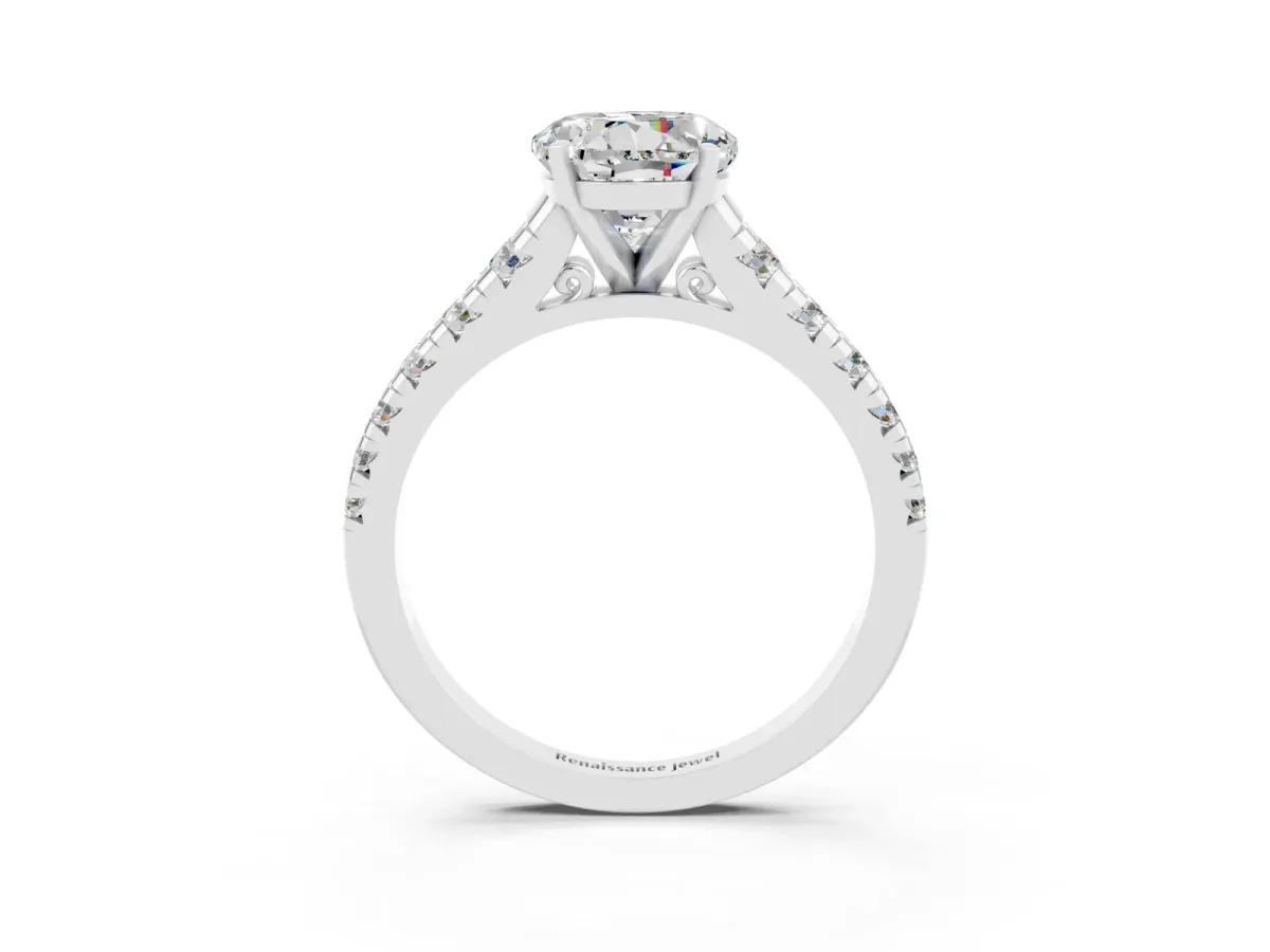 Round Cut Moissanite Cathedral Solitaire Ring with Round Pavé Band Silver