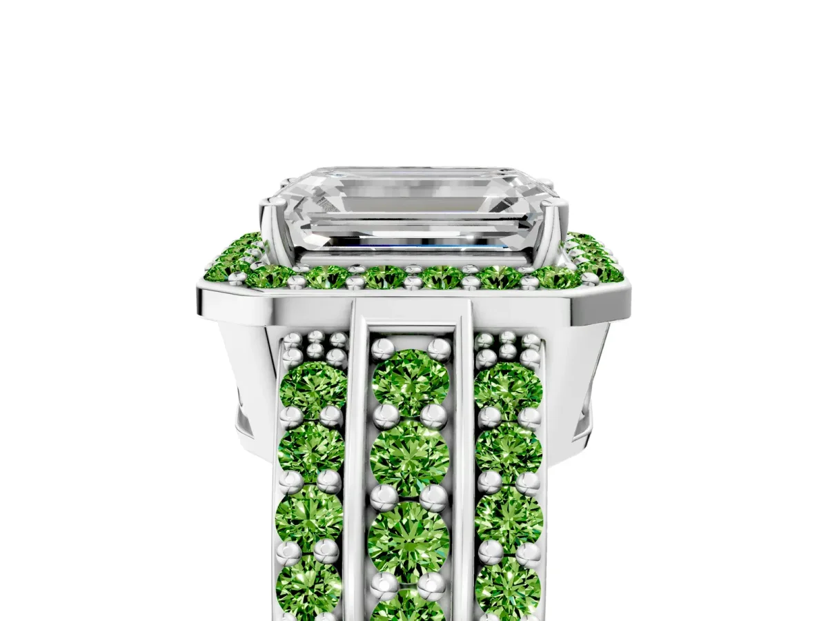 Emerald Cut Halo Diamond Ring with Round Peridot Split Shank and Prong Setting Platinum