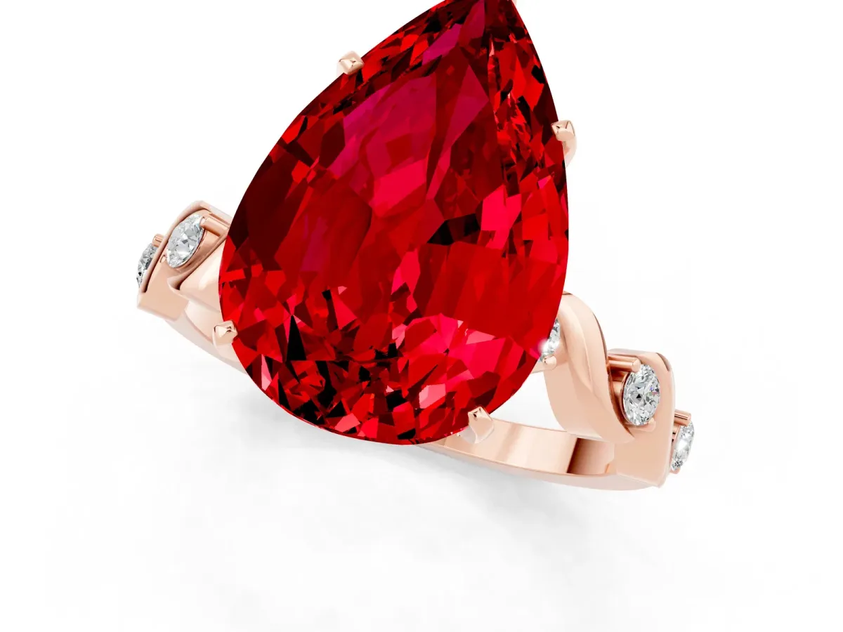 Pear Cut Ruby Solitaire Twisted Band with Round Accents and Prong Setting Rose gold