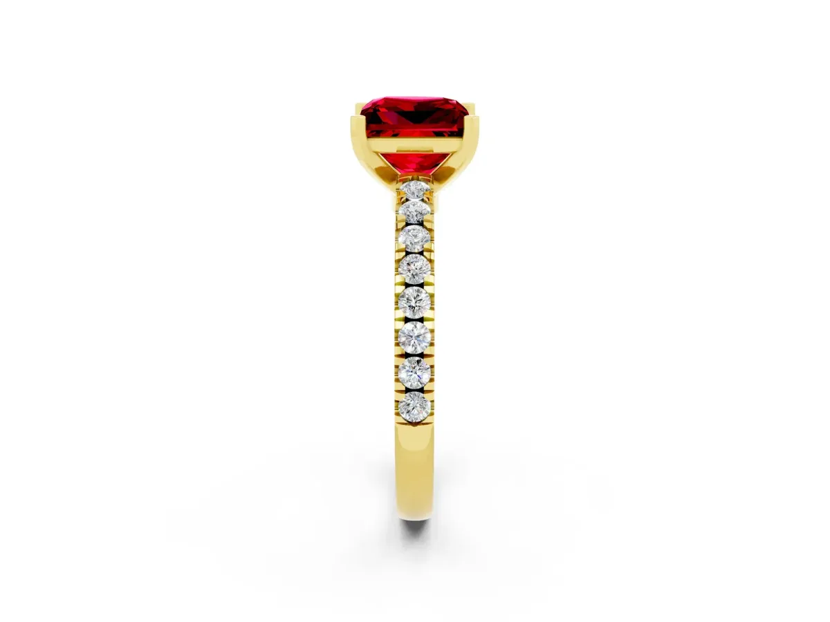 Princess Cut Solitaire Ruby with Pavé Band and Four-Prong Setting Yellow gold