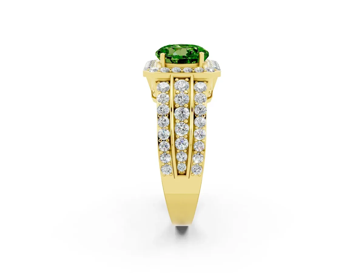 Round Cut Halo Peridot Ring with Round Split Shank and Prong Setting Yellow gold
