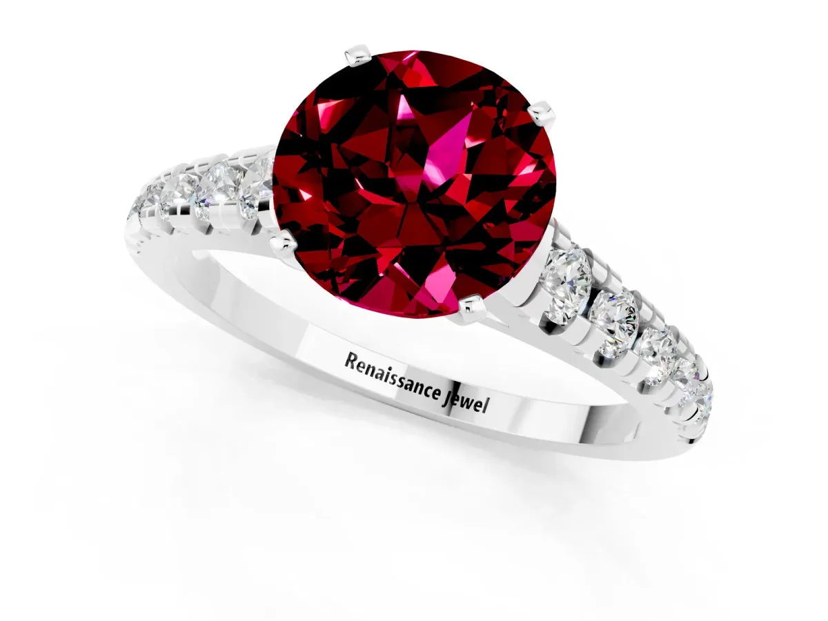 Round Cut Garnet Cathedral Solitaire Ring with Round Pavé Band Platinum