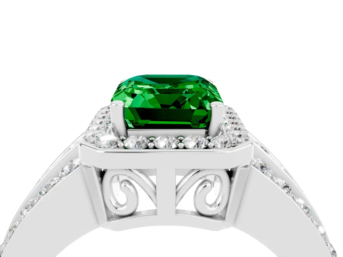 Emerald Cut Halo Emerald Ring with Round Split Shank and Prong Setting White gold