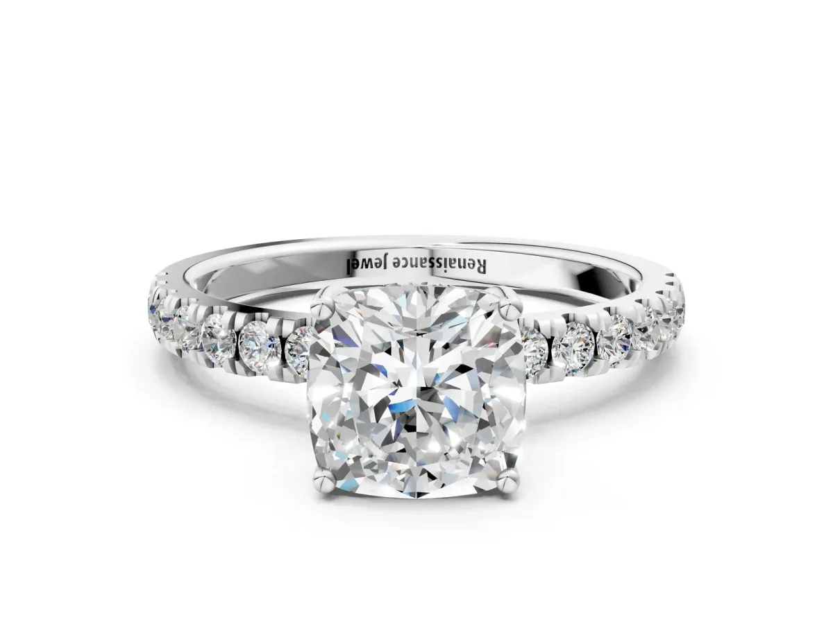 Cushion Cut Diamond Pave Band Solitaire Ring with Round and Prong Setting Platinum