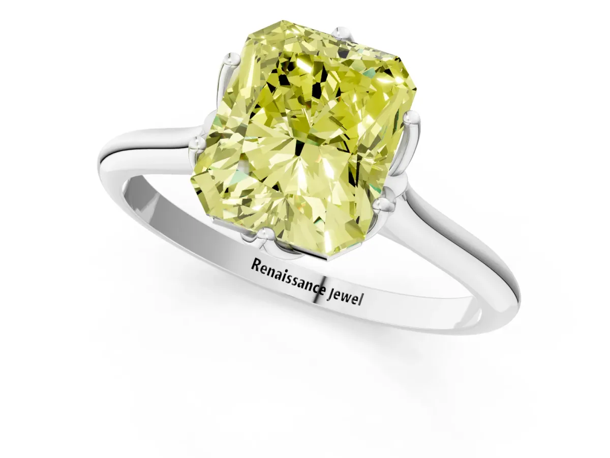 Fancy Yellow Radiant Cut Solitaire Cathedral Diamond Ring with Six-Prong Setting Platinum