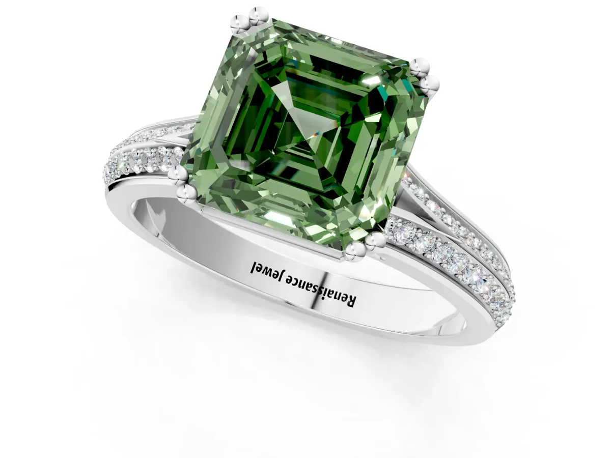 Fancy Green Asscher Cut Diamond Split Shank Engagement Ring with Pavé Band Platinum