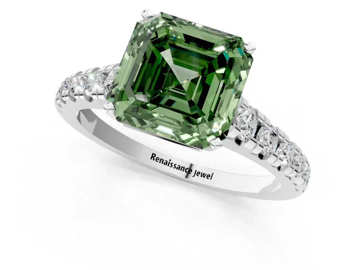 Fancy Green Asscher Cut Diamond Cathedral Solitaire Ring with Round Pavé Band Silver