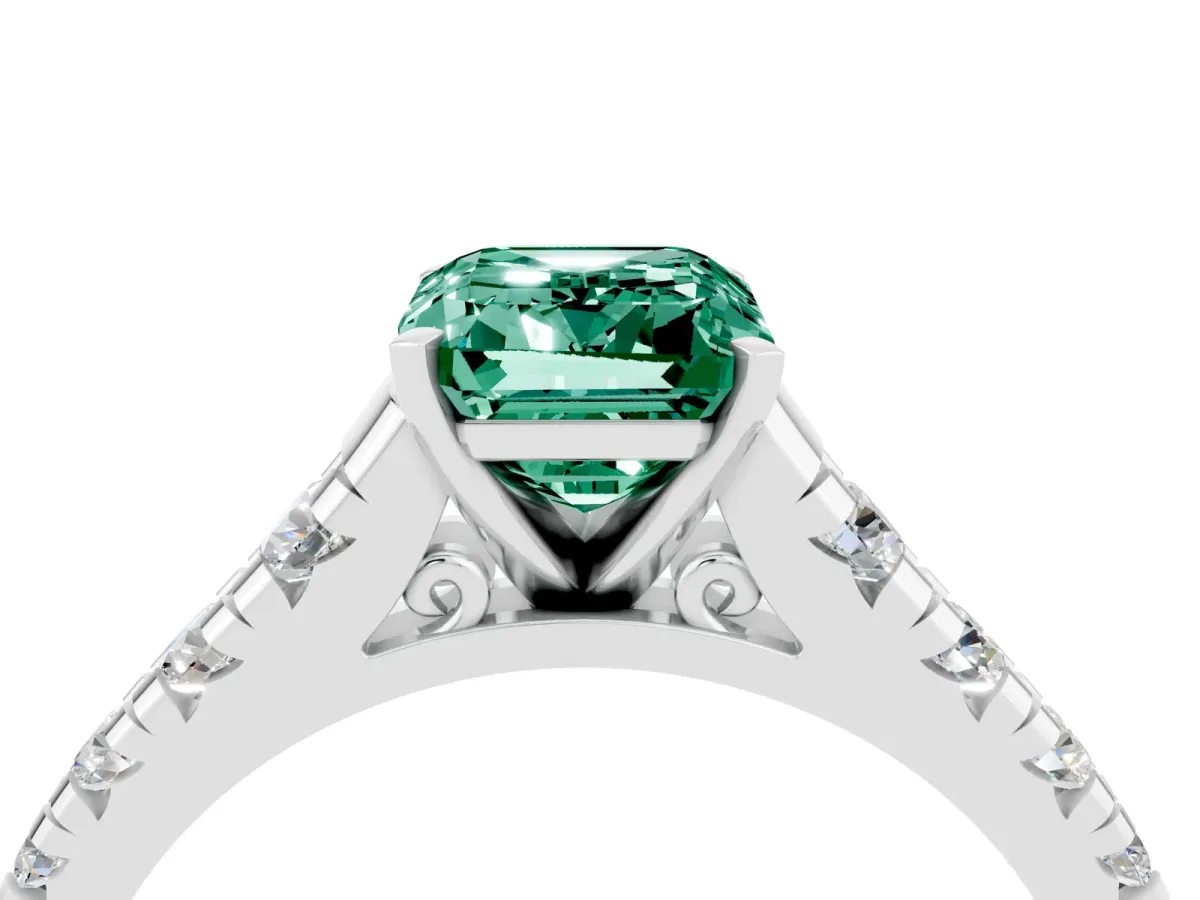 Emerald Cut Green Sapphire Cathedral Solitaire Ring with Round Pavé Band Silver