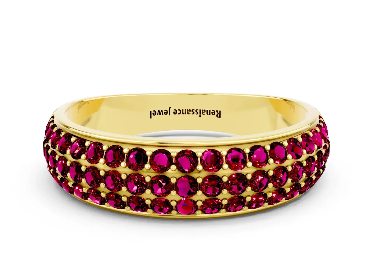 Three-Row Round Garnet Eternity Band with Shared Prong Setting Yellow gold
