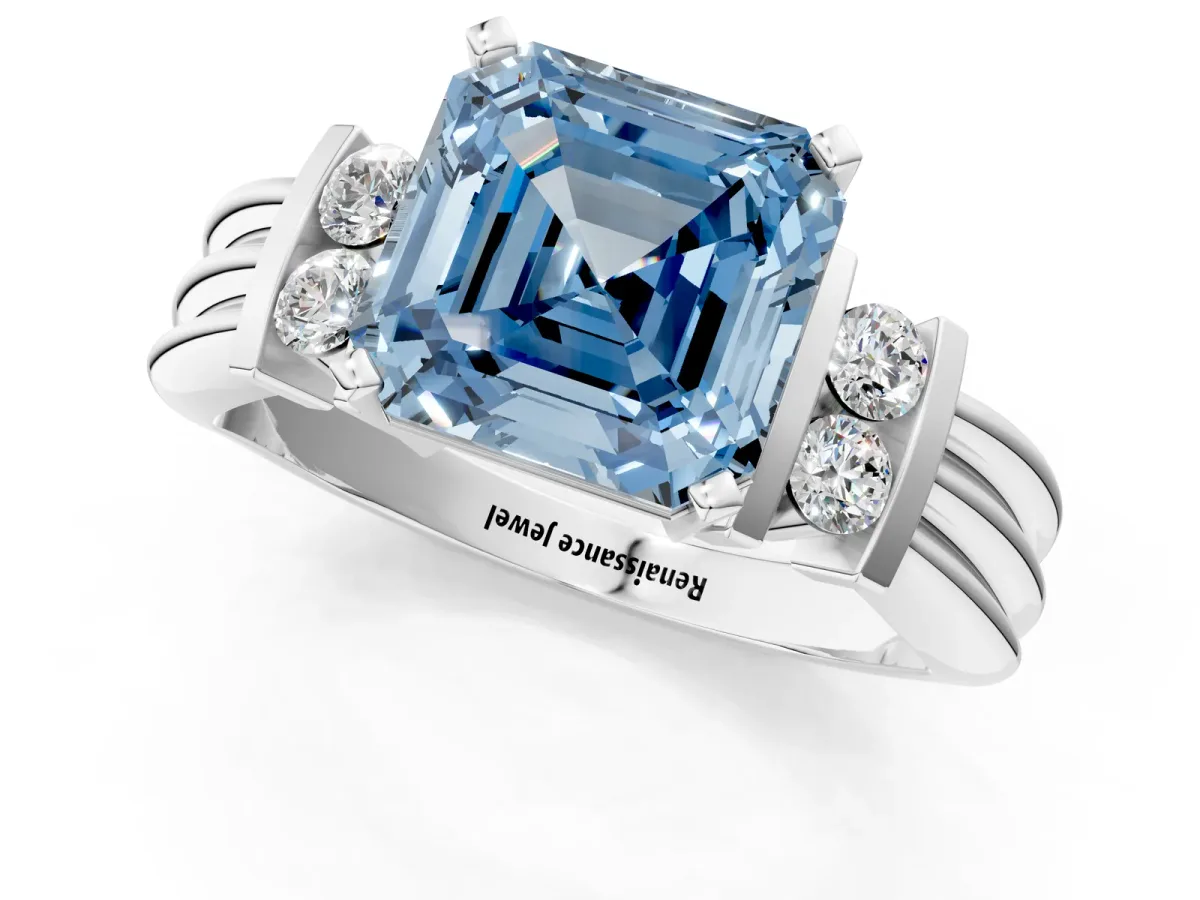 Fancy Blue Asscher Cut Cut Three-Stone Channel Set Ring with Bar Prongs Platinum