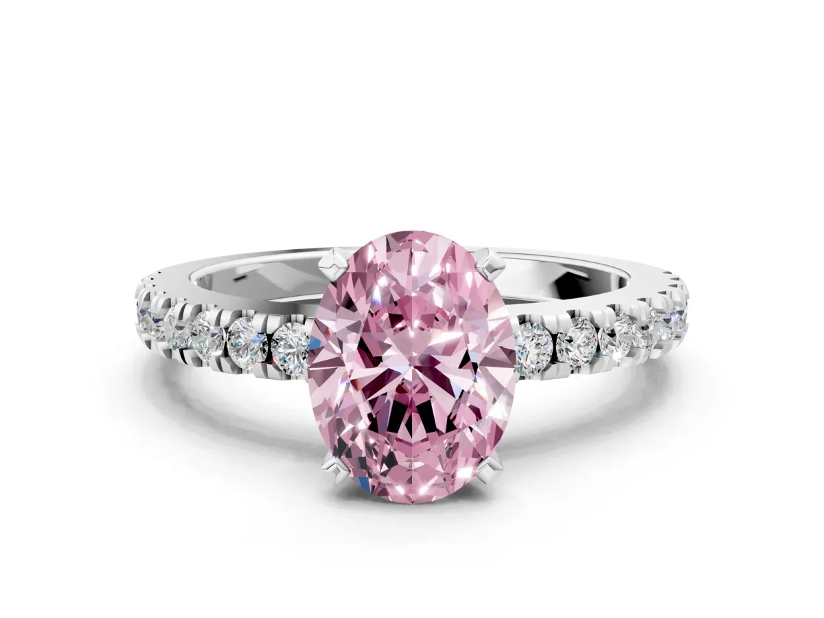 Fancy Pink Oval Cut Solitaire Diamond with Pavé Band and Four-Prong Setting Silver