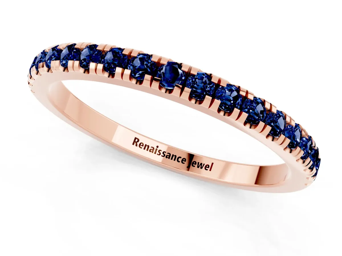 Pavé Round Blue Sapphire Half Eternity Band with Shared Prong Setting Rose gold