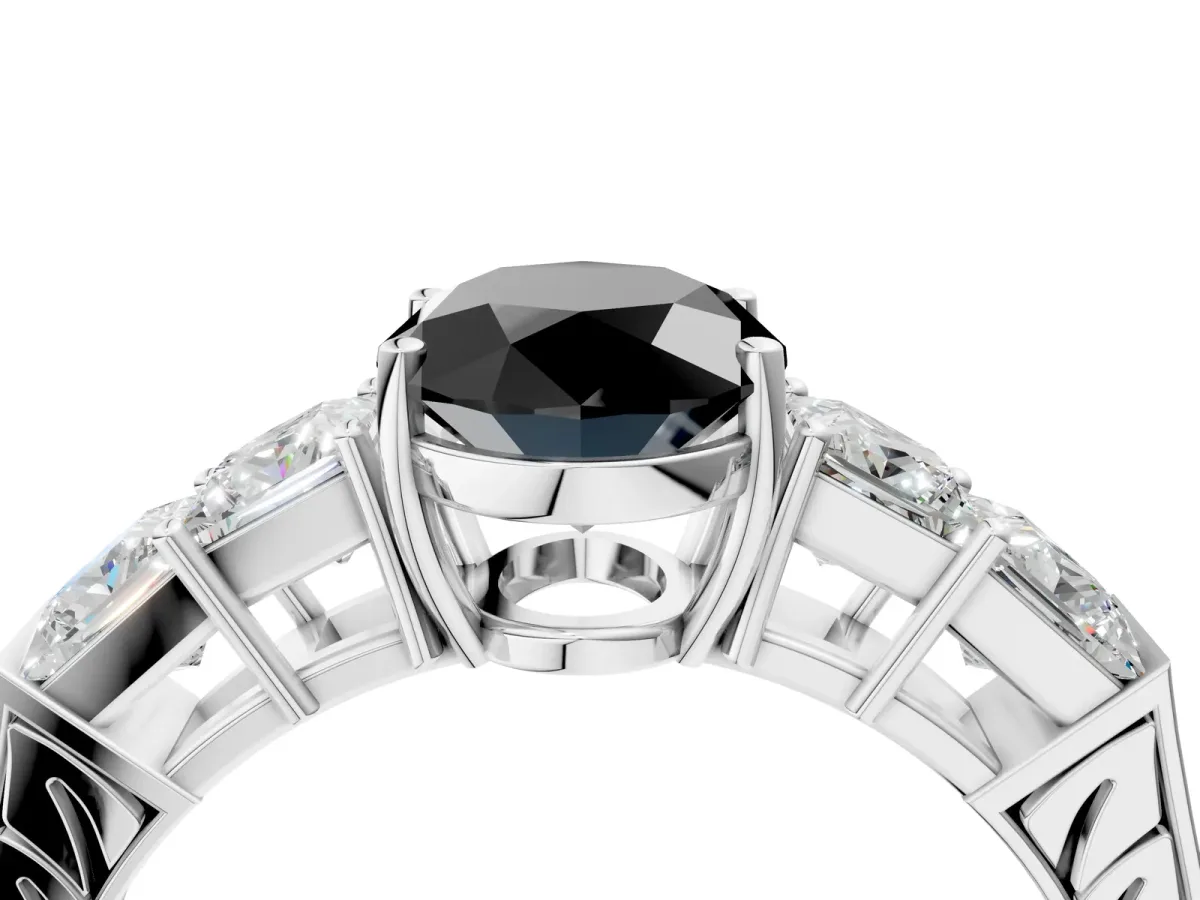 Fancy Black Oval Cut Solitaire Princess Side Stone Engraved Band Prong Setting Ring Platinum