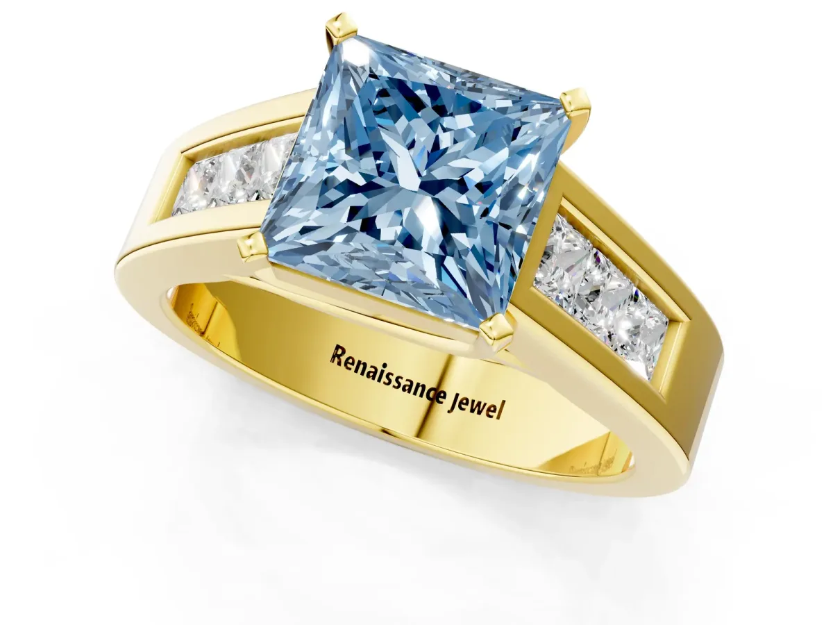 Fancy Blue Princess Cut Cut Channel Set Solitaire Ring with Four-Prong Setting Yellow gold
