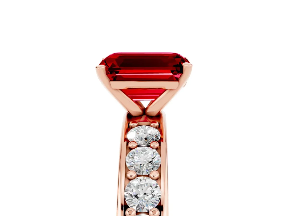 Emerald Cut Ruby Engagement Ring with Channel Set Round Band and Prong Setting Rose gold