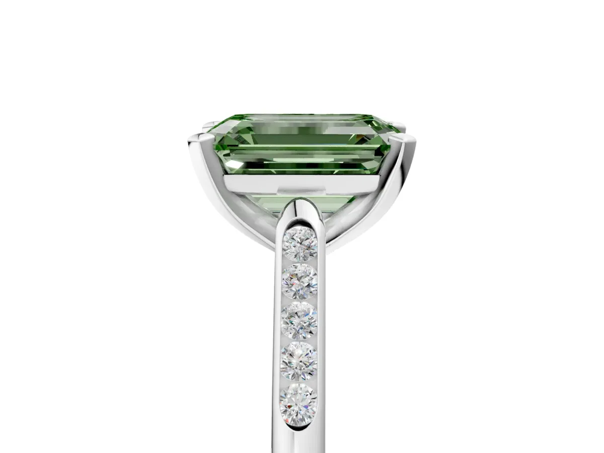 Fancy Green Emerald Cut Diamond Solitaire Ring with Channel Set Round Band and Prong Setting Silver