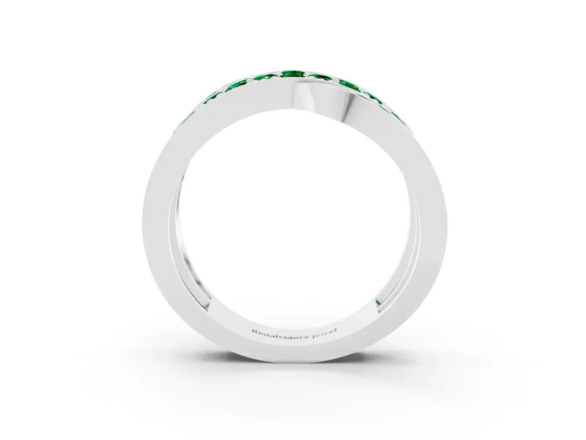 Pavé Round Emerald Crossover Band with Bead Prong Setting Silver