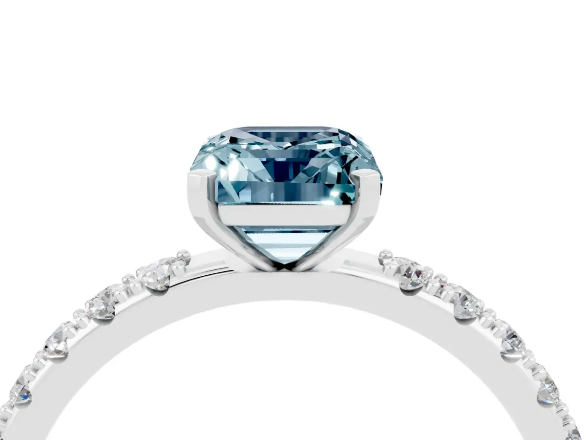 Emerald Cut Aquamarine Solitaire Pavé Band with Four-Prong Setting Silver
