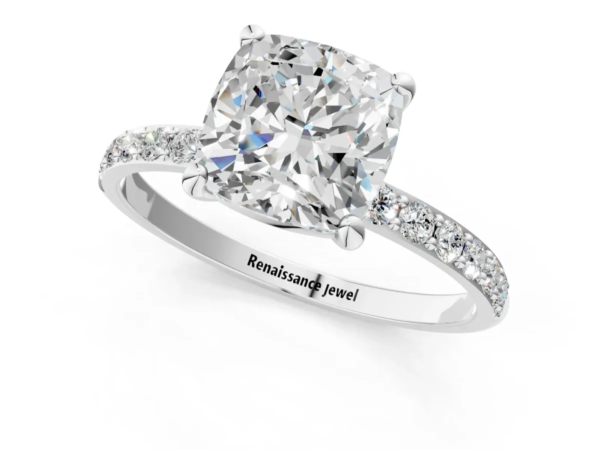 Cushion Cut Diamond Solitaire Ring with Round Pavé Band and Prong Setting Platinum