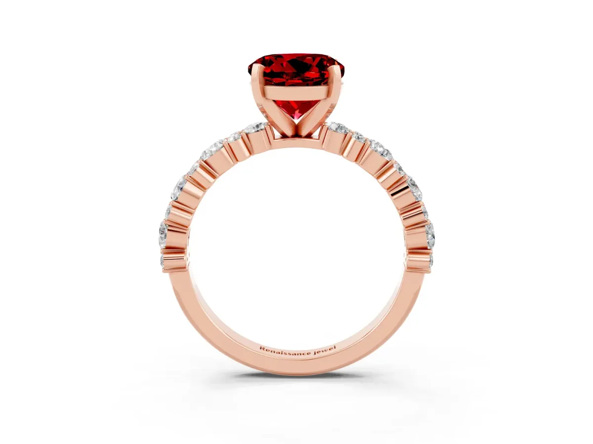 Round Cut Ruby Side Stone Solitaire Ring with Round and Four-Prong Setting Rose gold