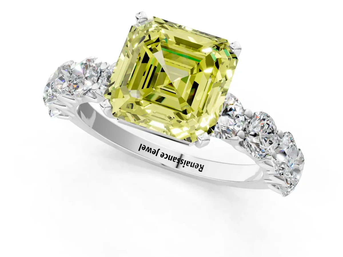Fancy Yellow Asscher Cut Diamond Prong Setting with Side Stones on a Pave Band Silver