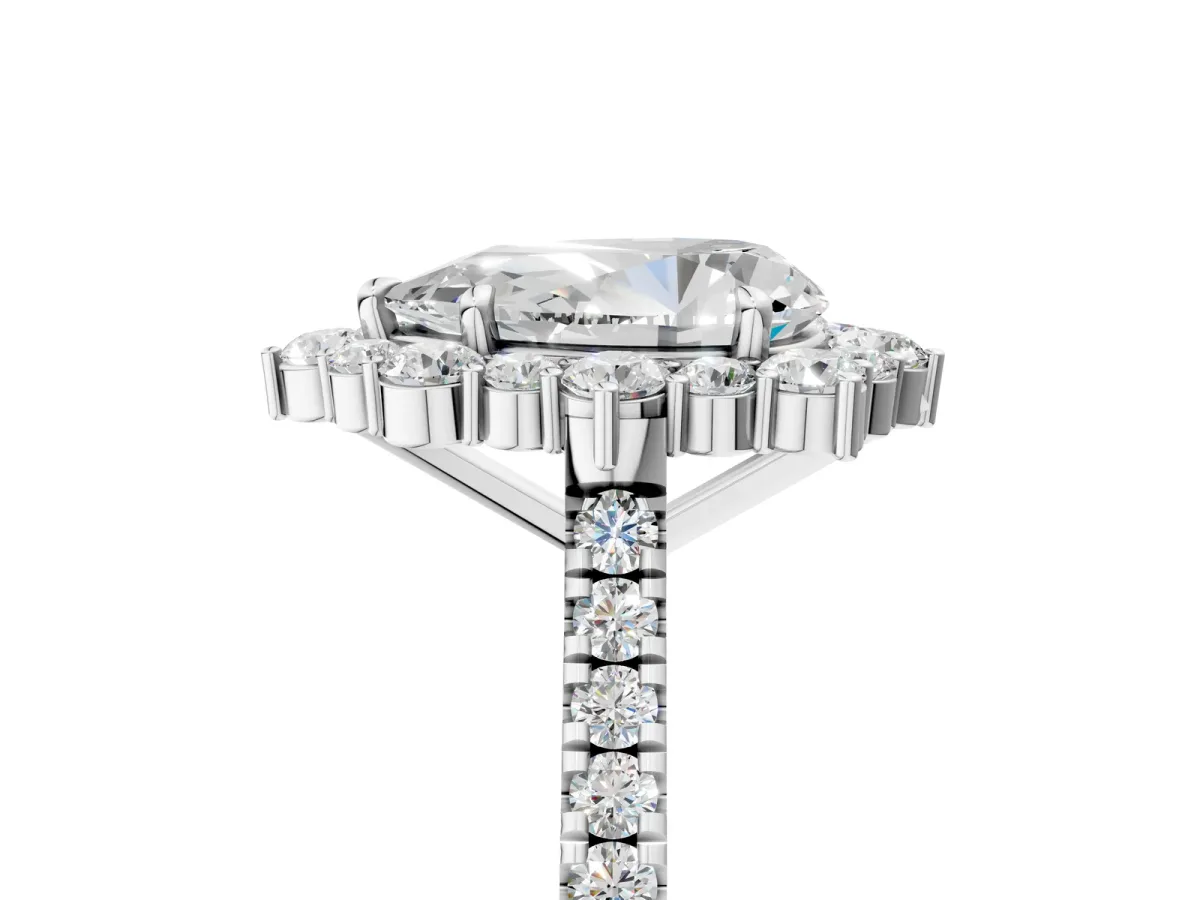 Pear Cut Halo Diamond Ring with Pavé Band and Prong Setting Silver