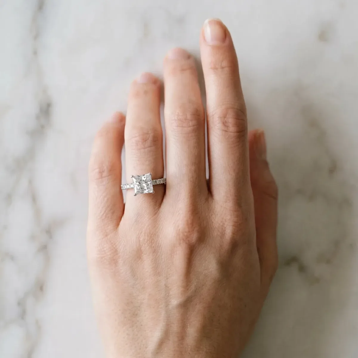 Princess Cut Diamond Solitaire Pavé Band with Four-Prong Setting Silver