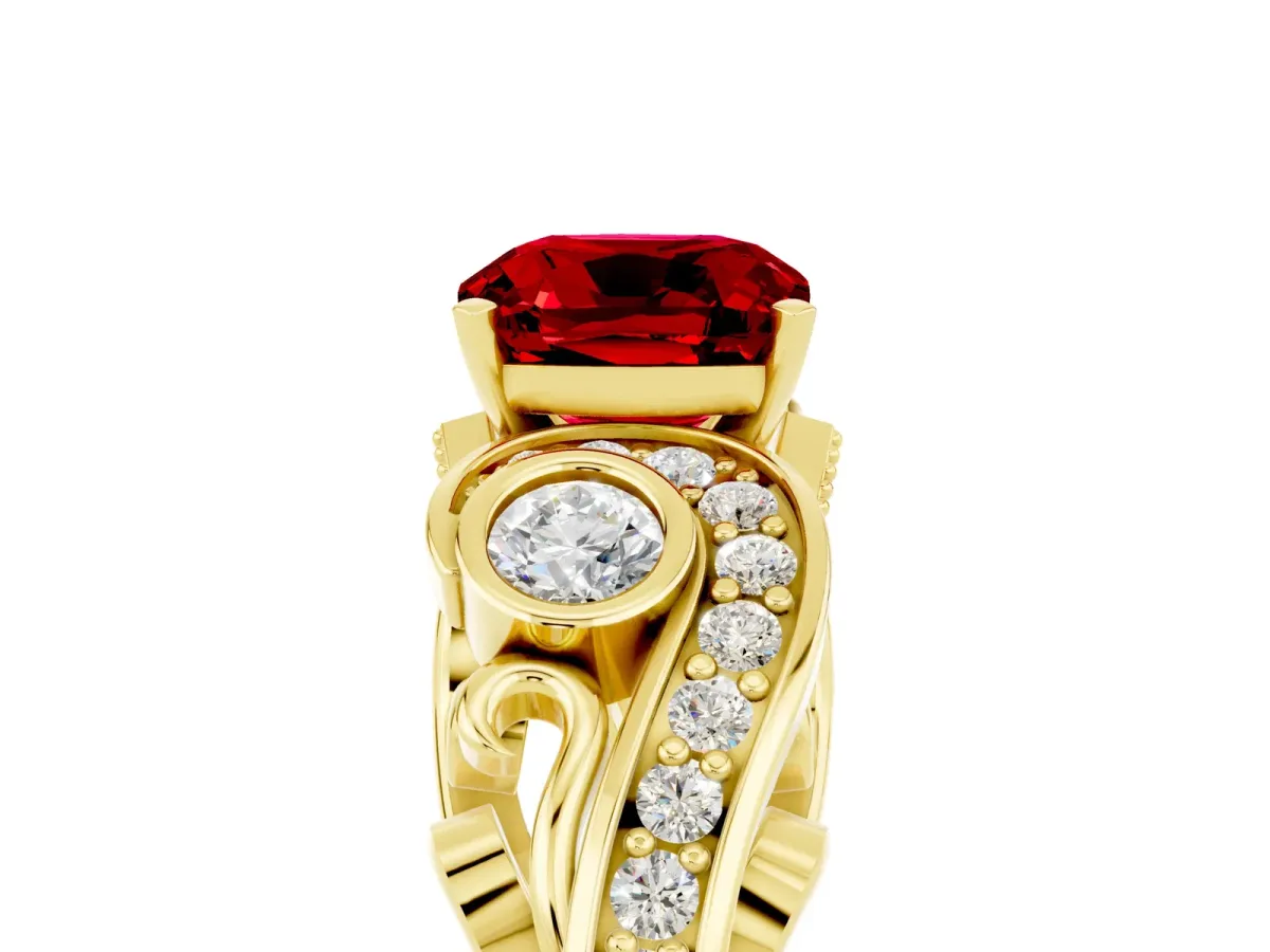 Cushion Cut Ruby Solitaire Ring with Milgrain Pavé Band and Four-Prong Setting Yellow gold