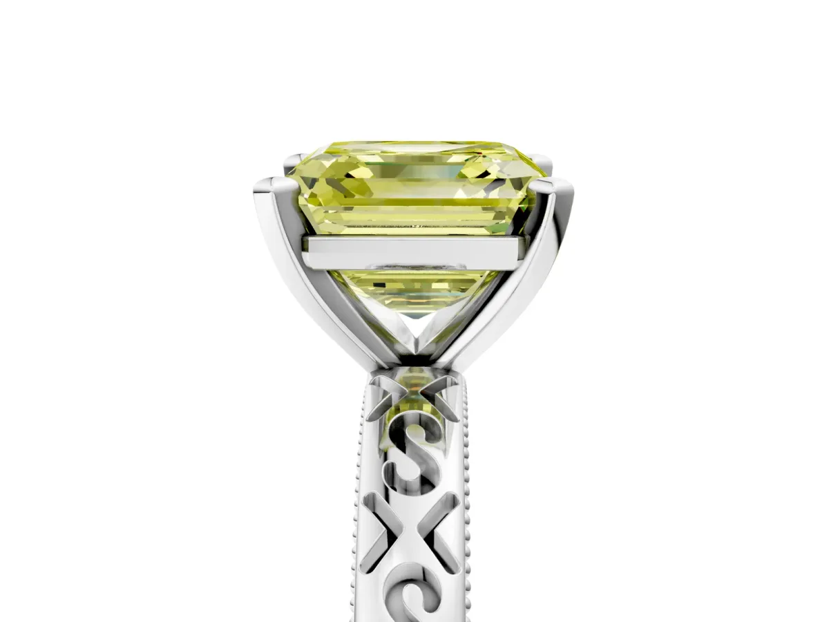Fancy Yellow Asscher Cut Solitaire Engagement Ring with Scrollwork Band and Four-Prong Setting Platinum