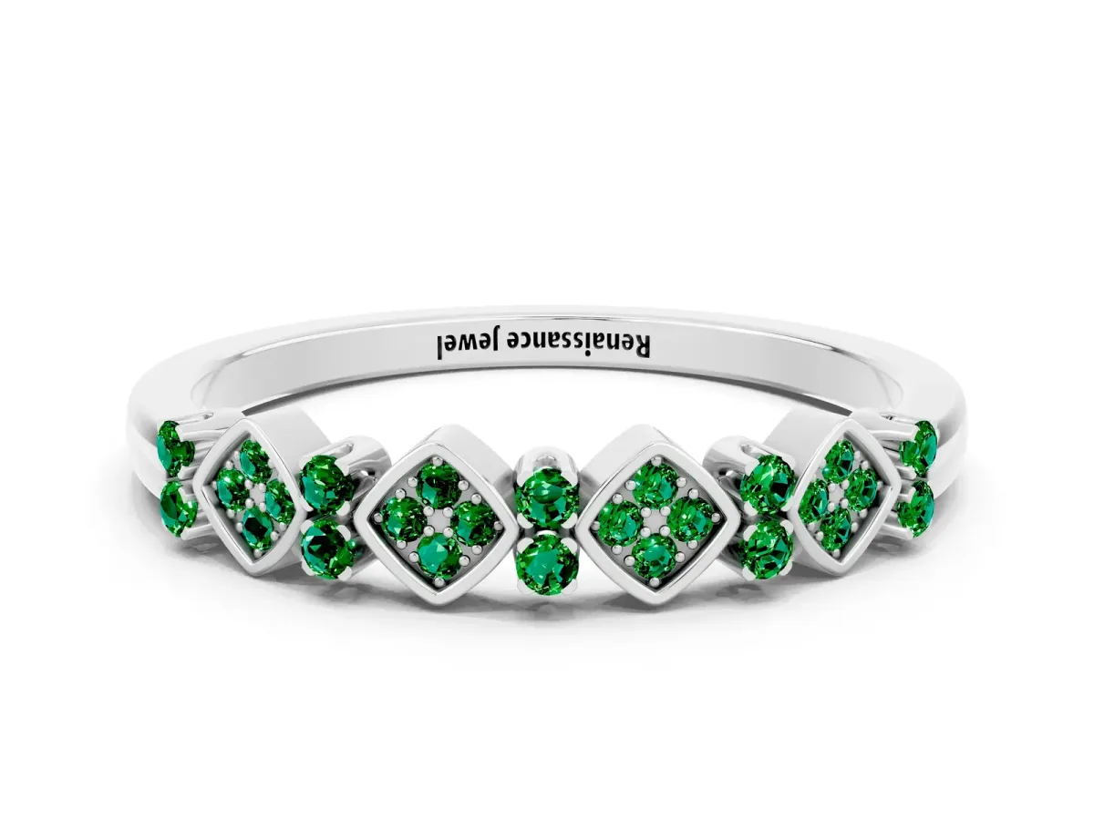 Pavé Cushion Emerald Cluster Eternity Band with Prong Setting Platinum