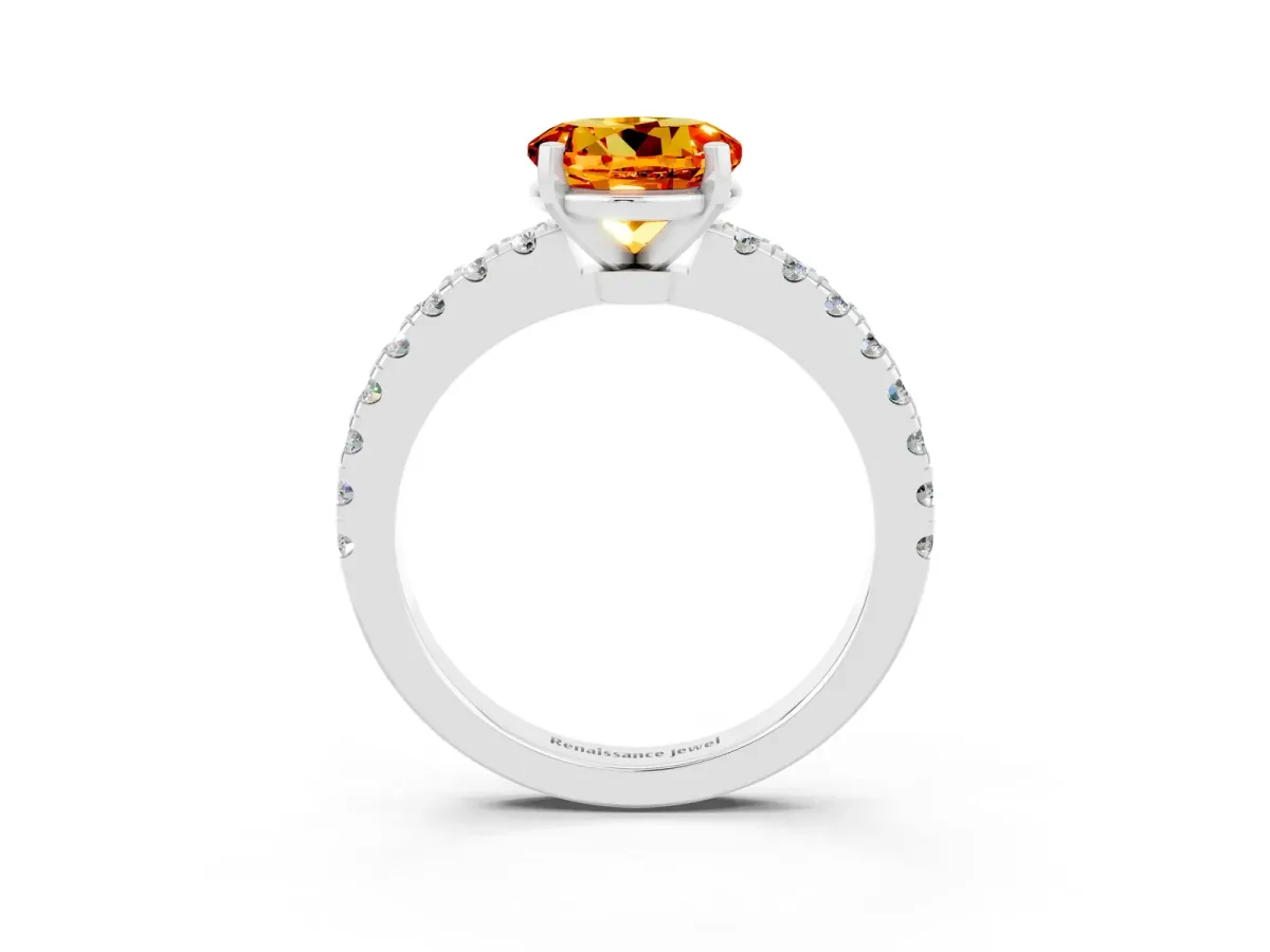 Round Cut Solitaire Citrine with Pavé Band and Four-Prong Setting Silver