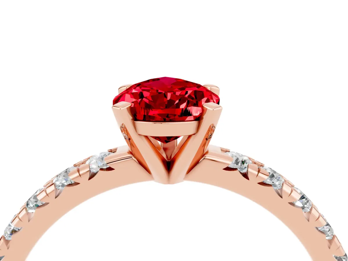 Pear Cut Ruby Solitaire Pavé Engagement Ring with Round Band and Prong Setting Rose gold