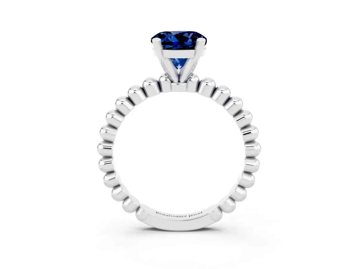 Round Cut Blue Sapphire Solitaire Ring with Beaded Band and Prong Setting Silver