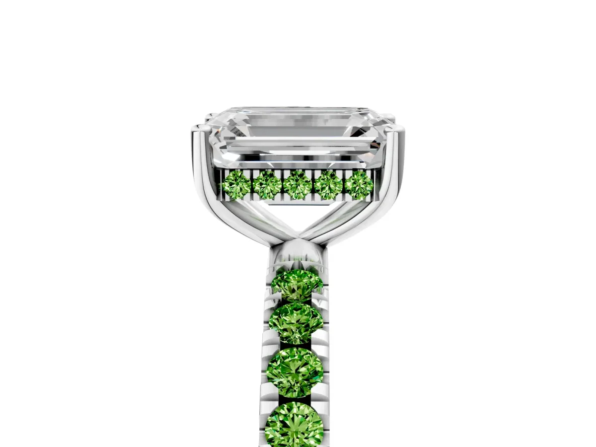 Emerald Cut Diamond Pave Band Solitaire Ring with Round Peridot and Prong Setting Silver