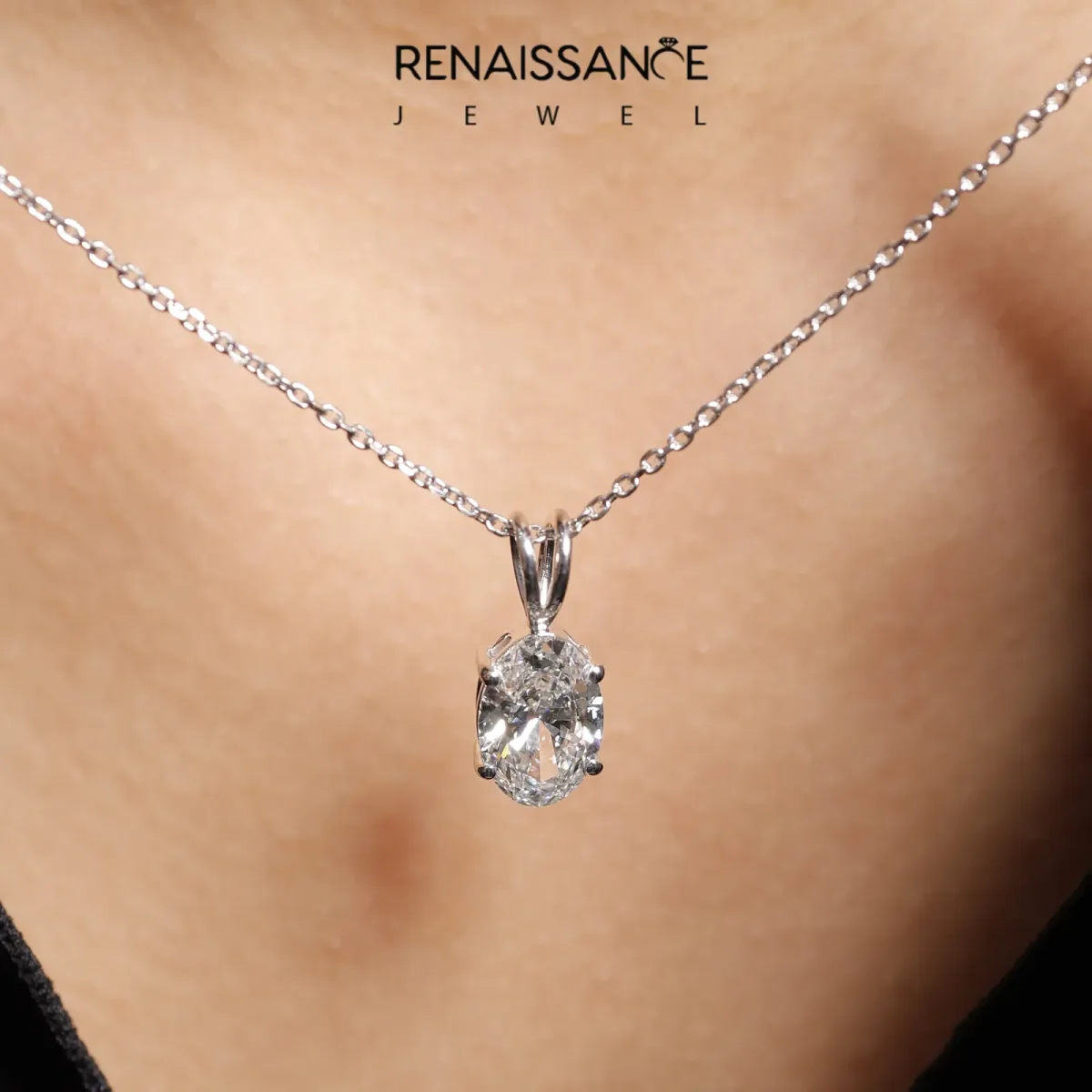 Oval Solitaire Diamond Prong Pendant White gold