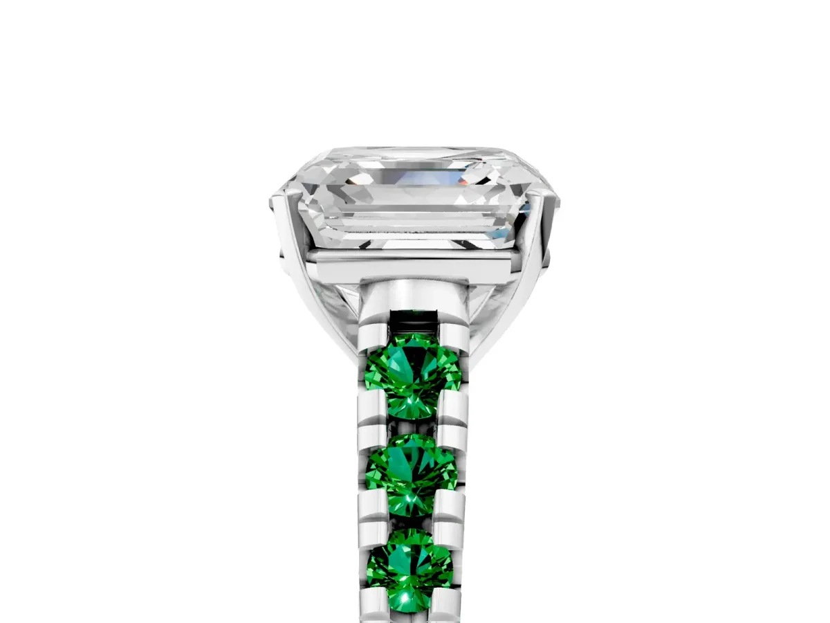 Asscher Cut Diamond Cathedral Solitaire Ring with Round Emerald Pavé Band Platinum