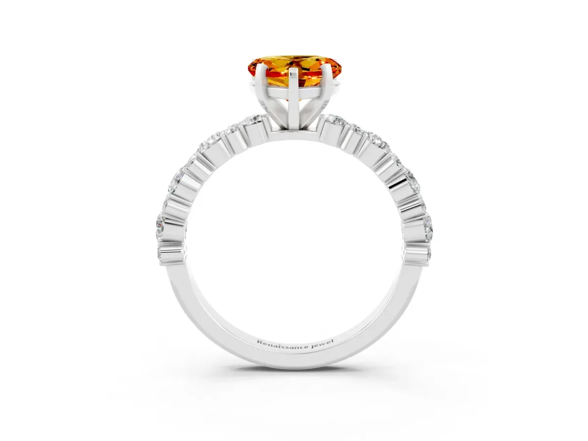 Heart Cut Citrine Side Stone Solitaire Ring with Round and Four-Prong Setting Platinum