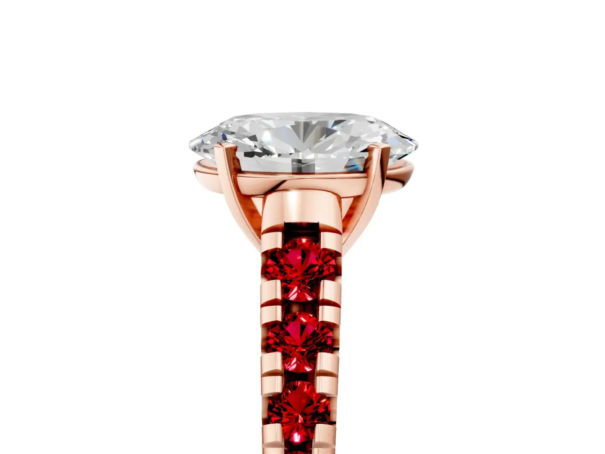 Oval Cut Diamond Cathedral Solitaire Ring with Round Ruby Pavé Band Rose gold