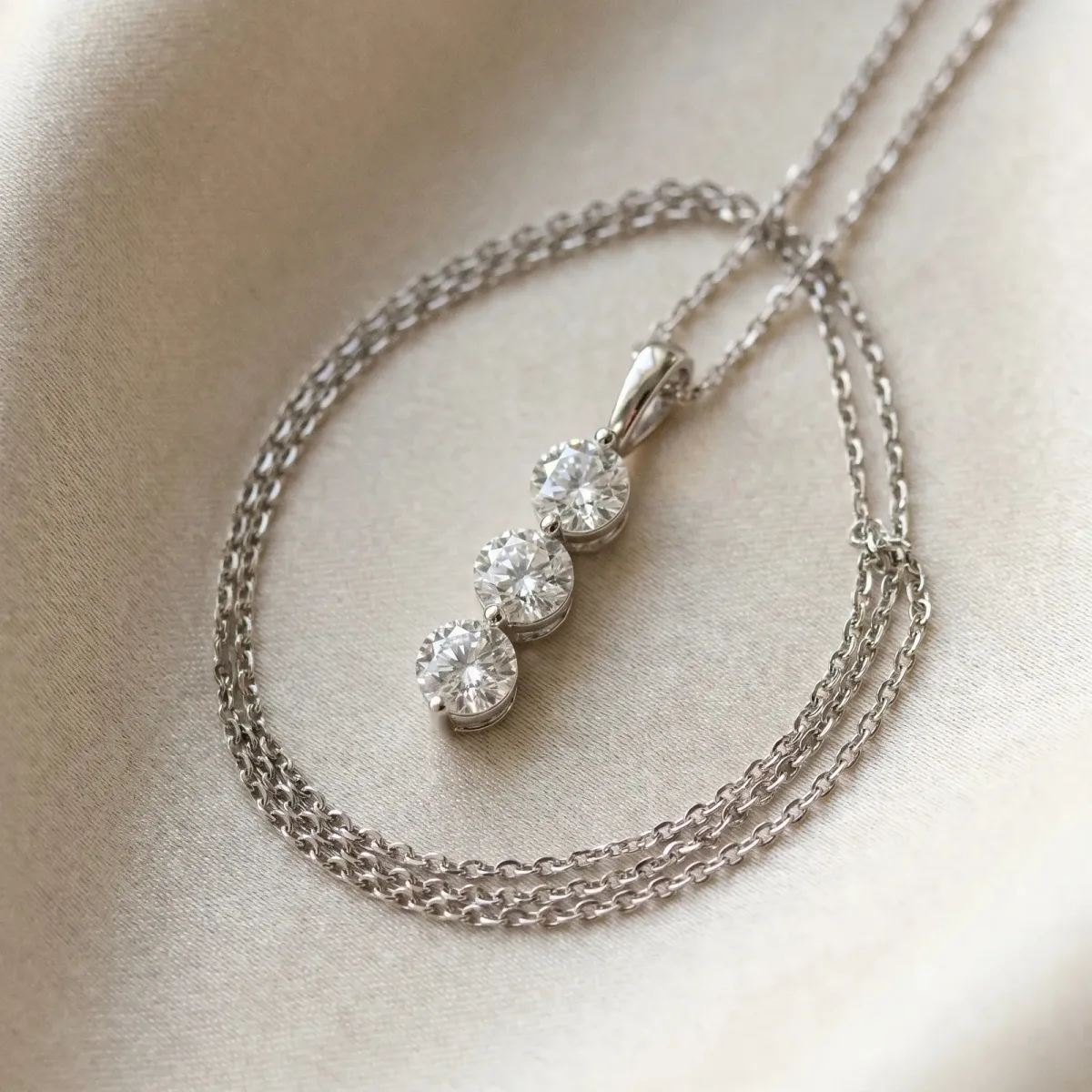 Three-Stone Round Diamond Drop Pendant with Four-Prong Setting Silver