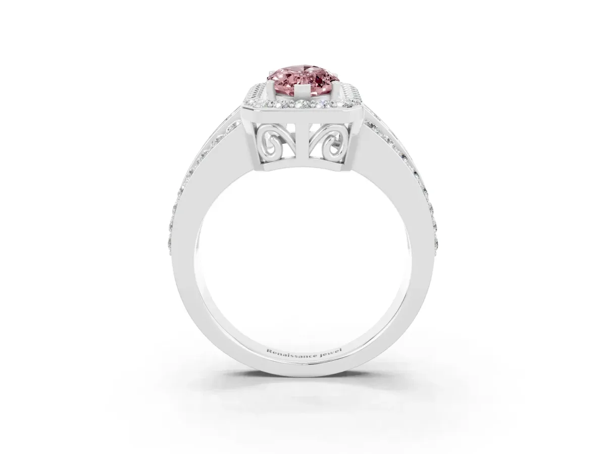 Marquise Cut Halo Morganite Ring with Round Split Shank and Prong Setting Silver