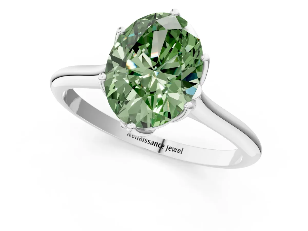 Fancy Green Oval Cut Solitaire Cathedral Diamond Ring with Six-Prong Setting Silver