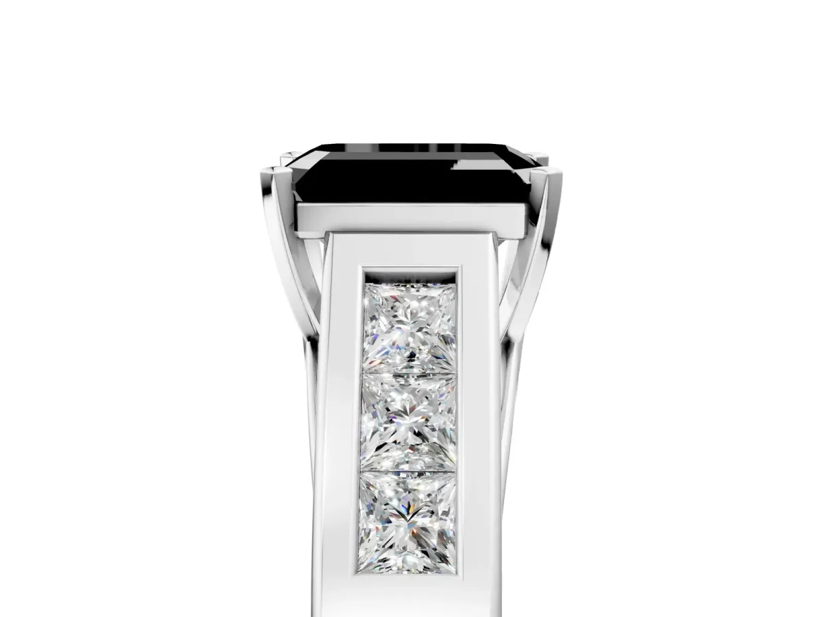 Fancy Black Emerald Cut Cut Channel Set Solitaire Ring with Four-Prong Setting Platinum