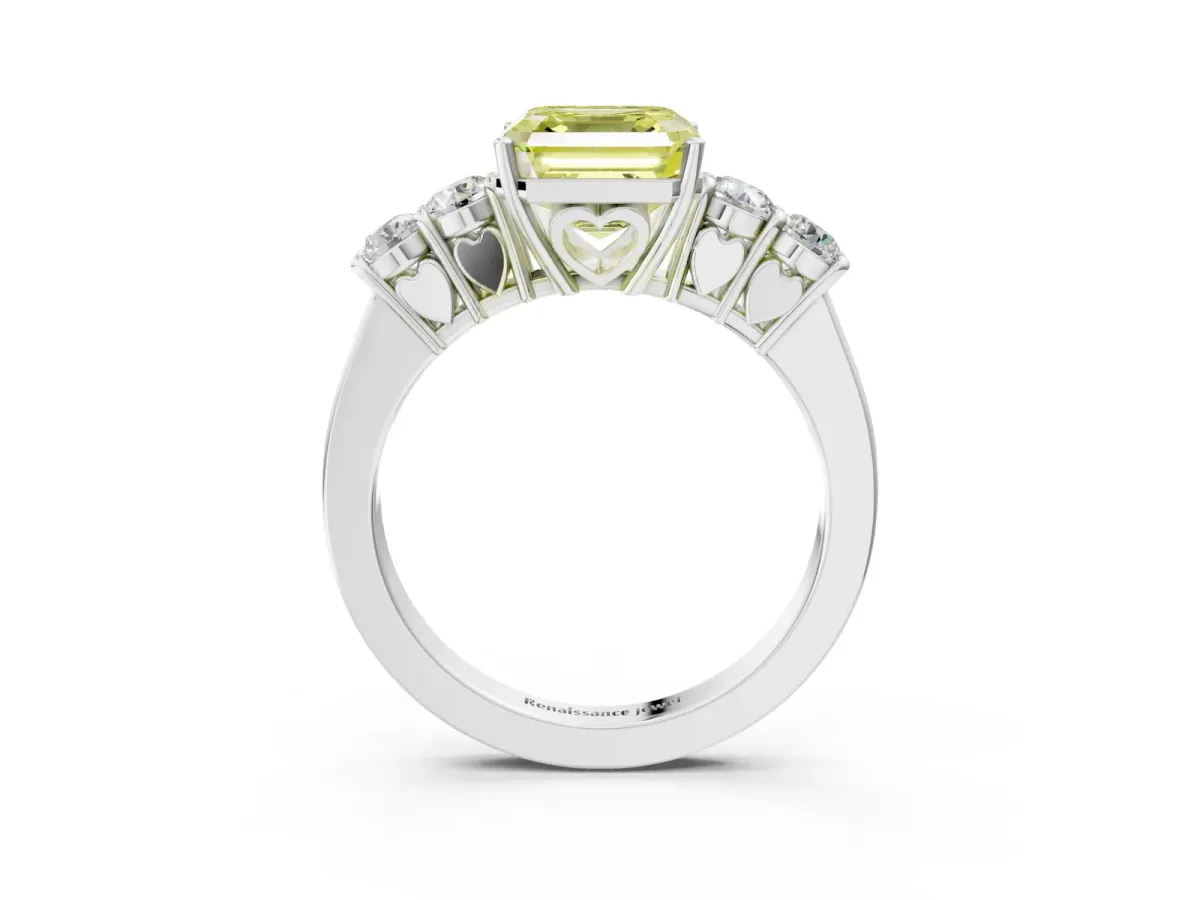Fancy Yellow Asscher Cut Cut Diamond Five-Stone Prong Set White Gold Ring Platinum