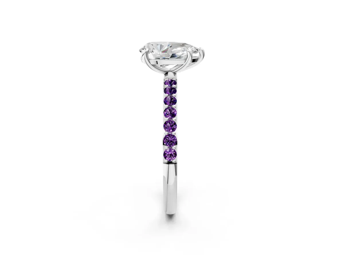 Pear Cut Diamond Solitaire Ring with Round Amethyst Pavé Band and Prong Setting Silver