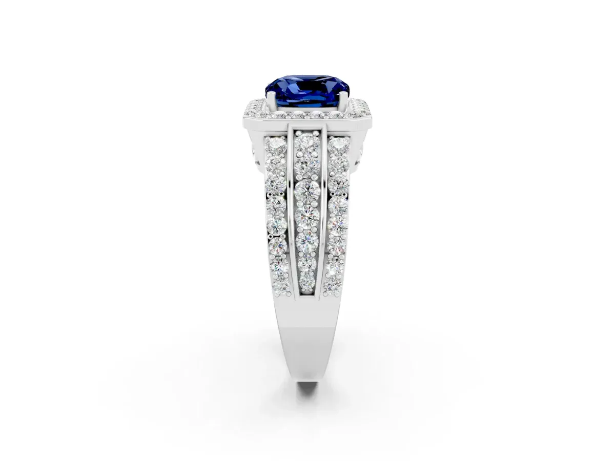 Cushion Cut Halo Blue Sapphire Ring with Round Split Shank and Prong Setting Platinum